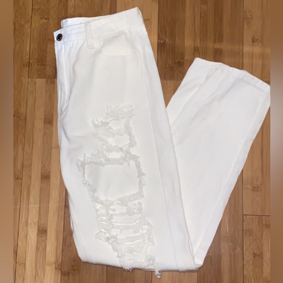 High Waisted Ripped Straight White Jeans - Picture 2 of 6